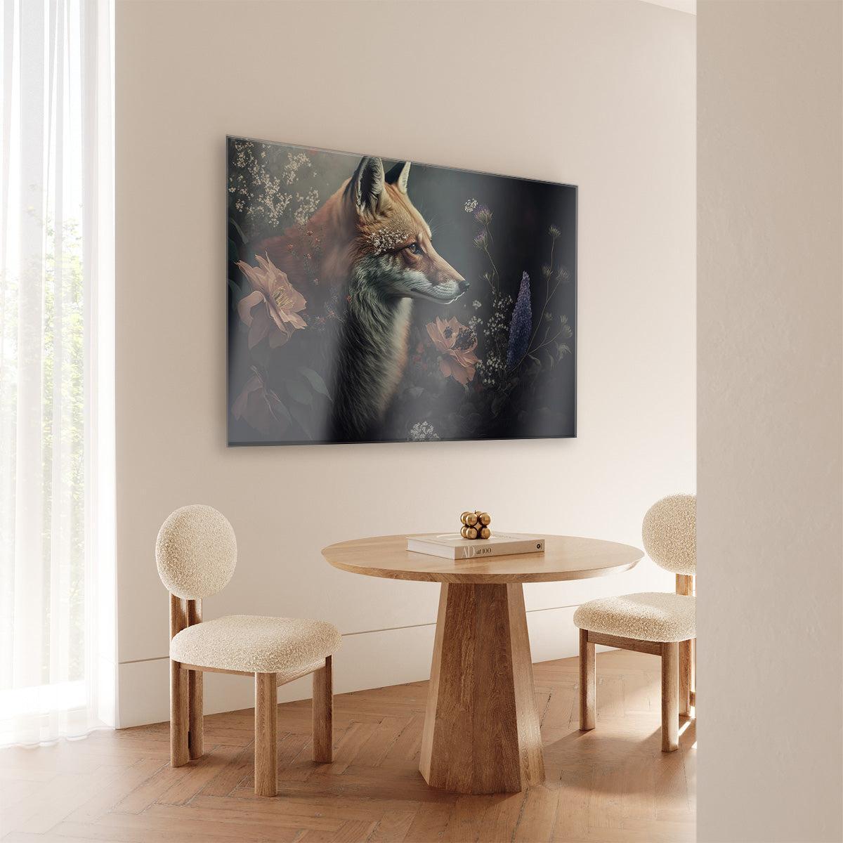 Plexiglas schilderij Vos 3 aan de muur bij een ronde houten eettafel.