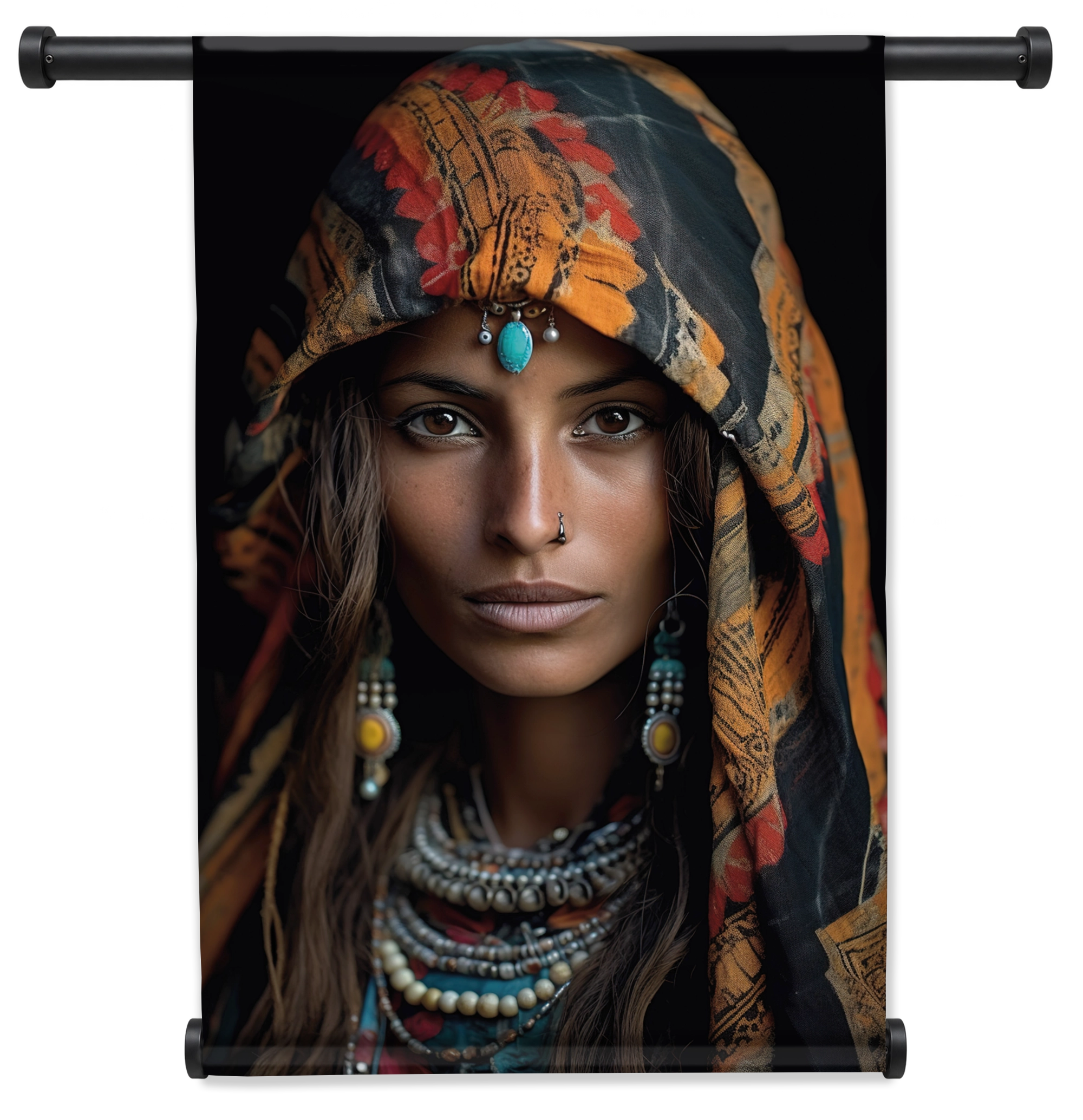 Wandkleed Vrouw 4: vrouwenportret met kleurrijke hoofddoek en kralensieraden.