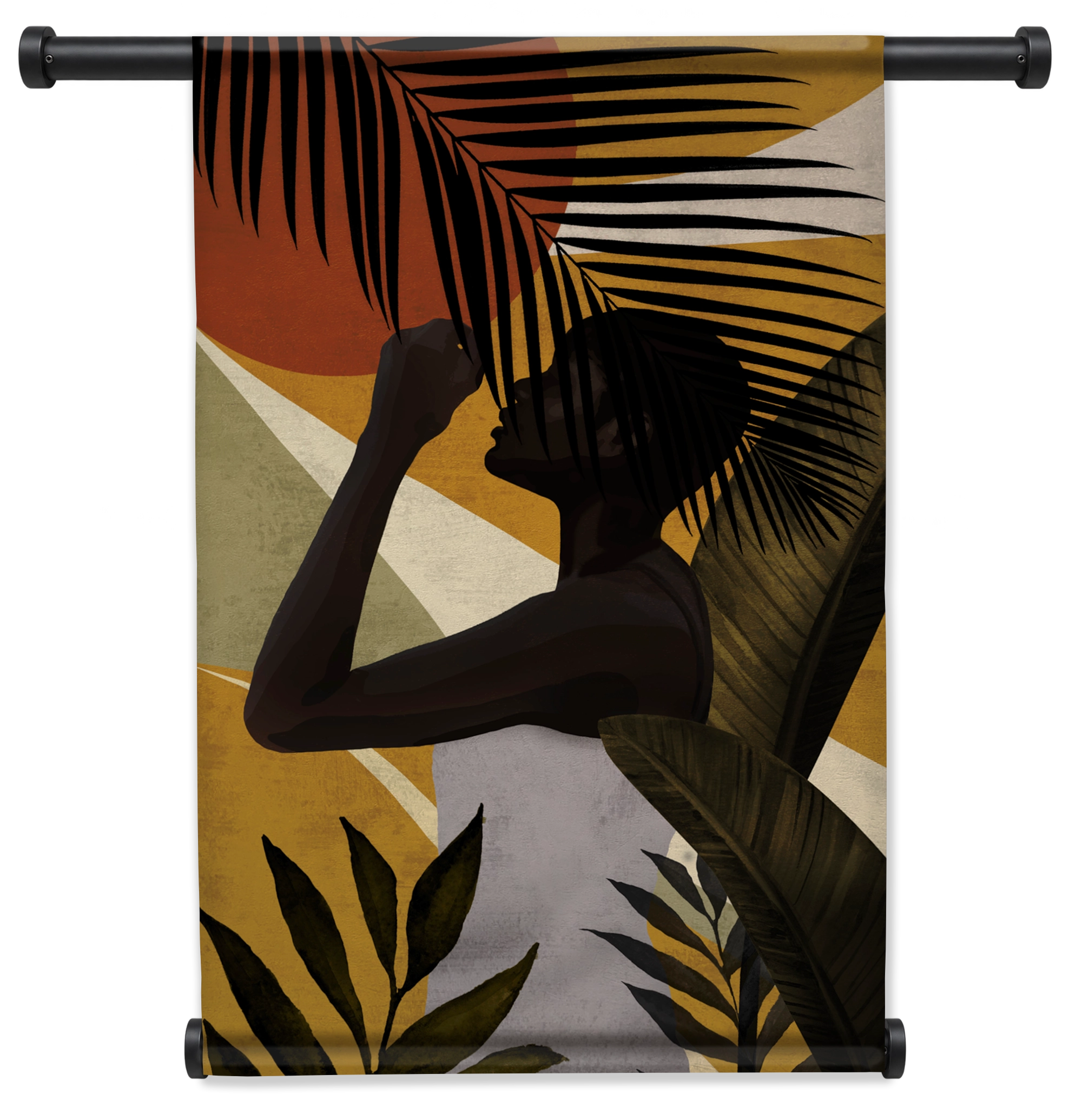 Wandkleed Vrouw 7: silhouet van een vrouw tussen grote tropische bladeren.