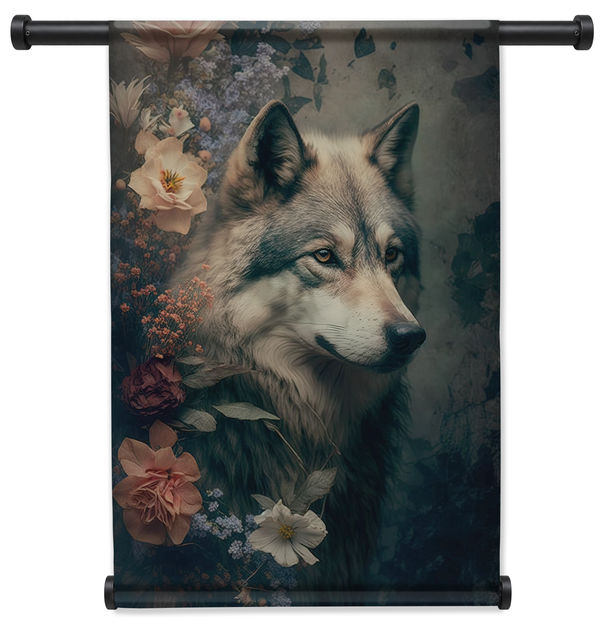 Wolf wandkleed staand met zwarte roedes