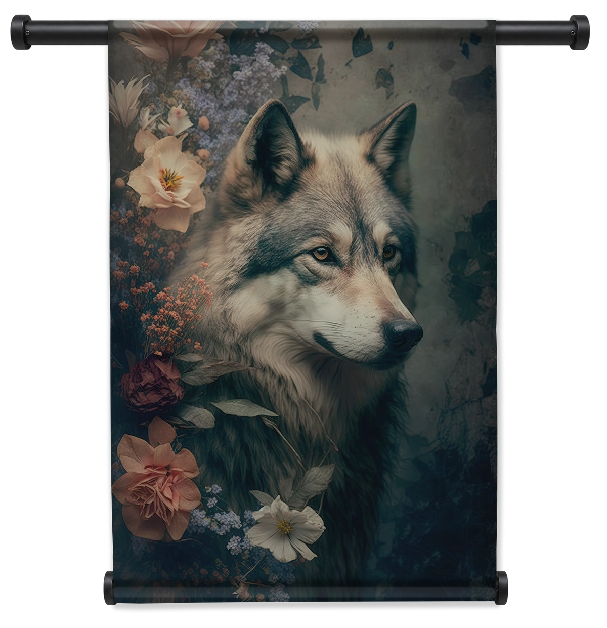 Wandkleed Wolf: wolf in profiel tussen rozen en lichte bloemen.