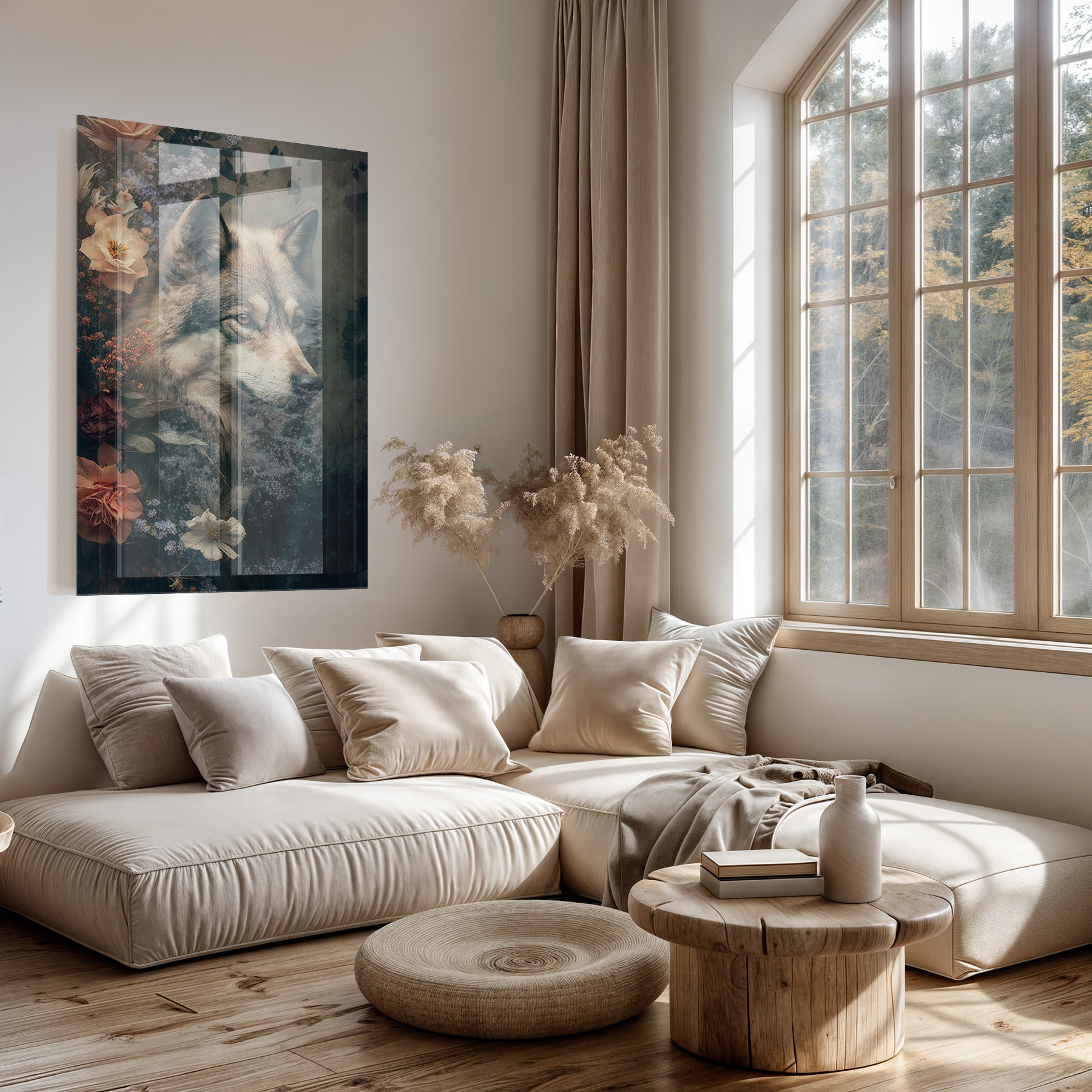 Plexiglas schilderij Wolf boven een lichte bank in een woonkamer.