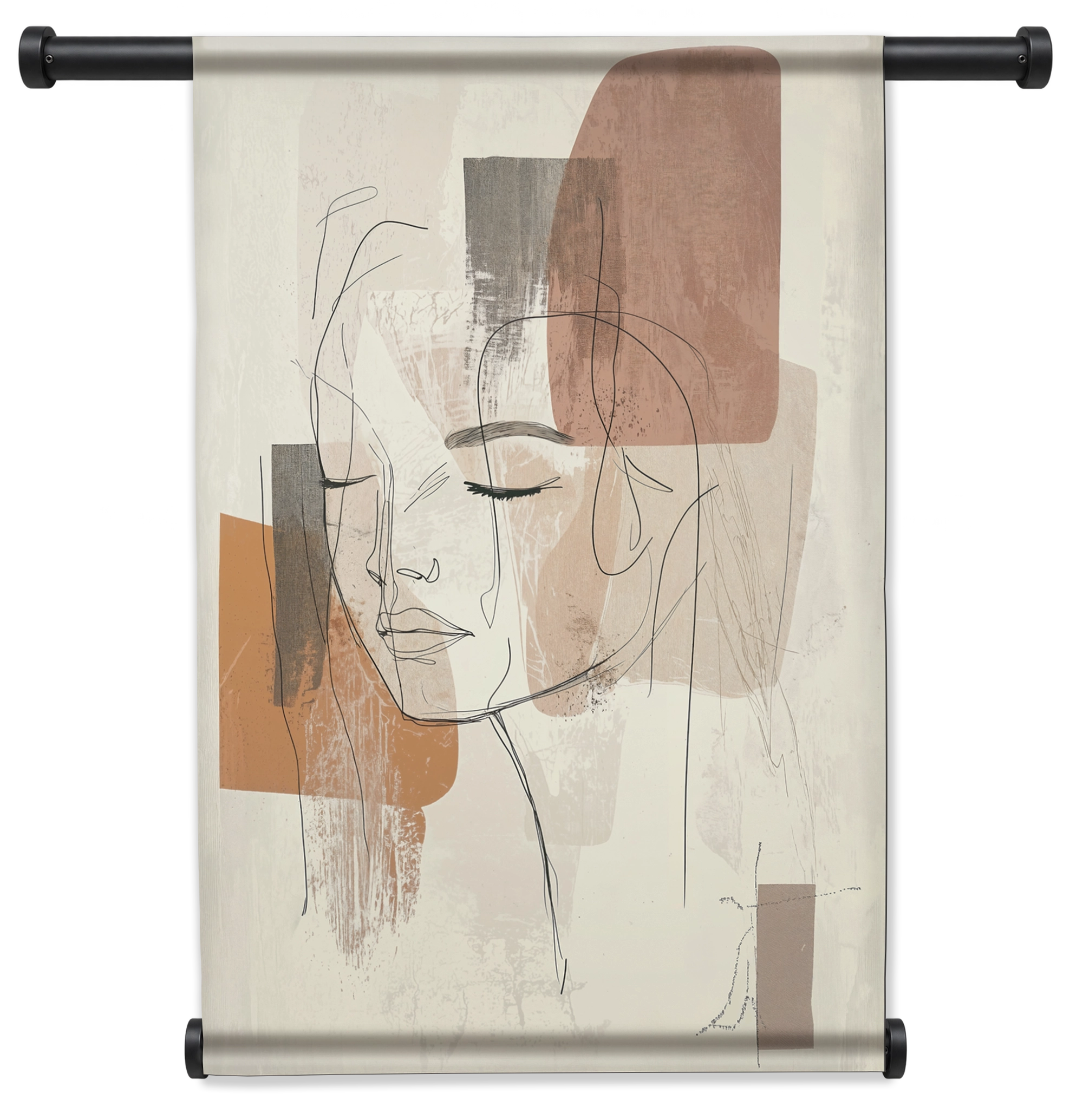Wandkleed Ysra: lijntekening van een vrouwengezicht met abstracte beige kleurvlakken.