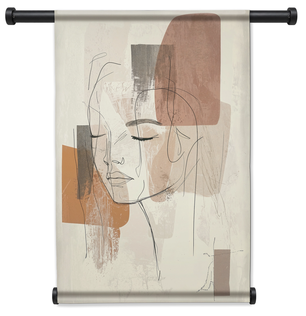 Wandkleed Ysra: lijntekening van een vrouwengezicht met abstracte beige kleurvlakken.