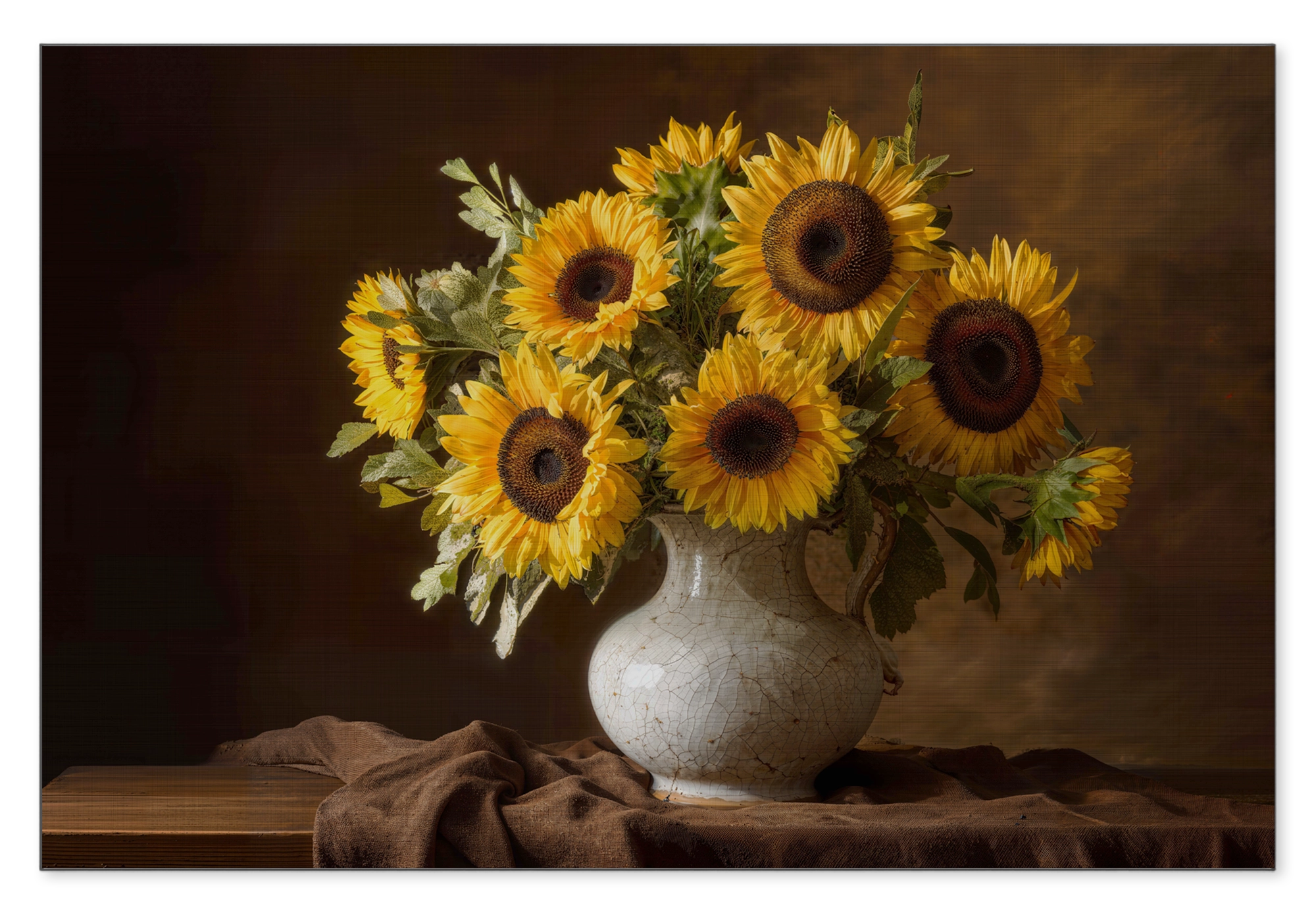 Zonnebloemen op aluminium: gele zonnebloemen in een lichte vaas op een houten tafel tegen een warme, donkere achtergrond.