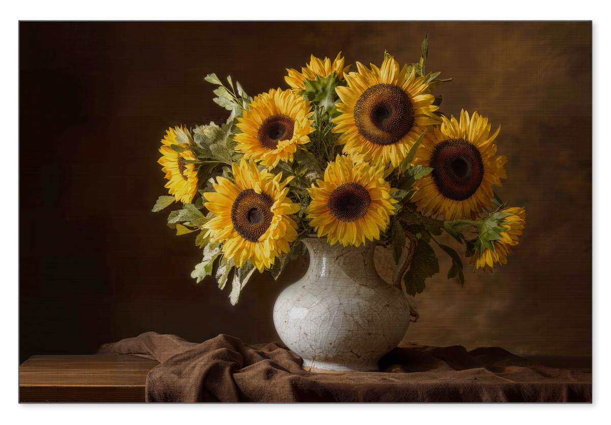Zonnebloemen op aluminium: gele zonnebloemen in een lichte vaas op een houten tafel tegen een warme, donkere achtergrond.