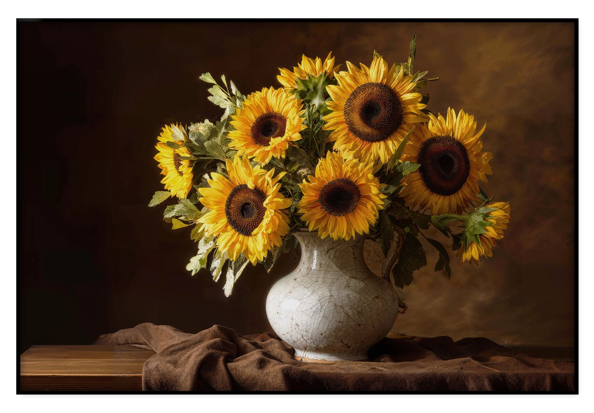 Zonnebloemen op artframe: gele zonnebloemen in een lichte vaas op een houten tafel tegen een warme, donkere achtergrond.
