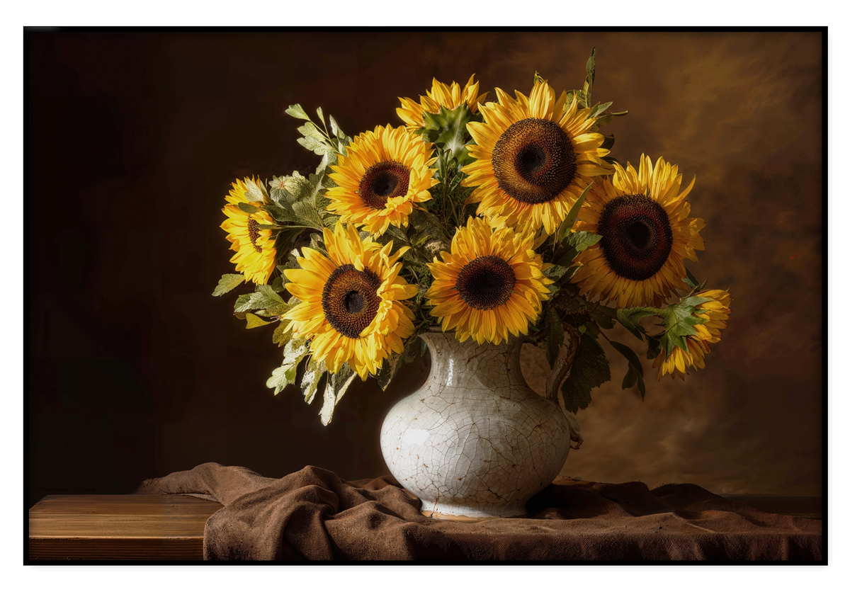 Zonnebloemen op artframe: gele zonnebloemen in een lichte vaas op een houten tafel tegen een warme, donkere achtergrond.