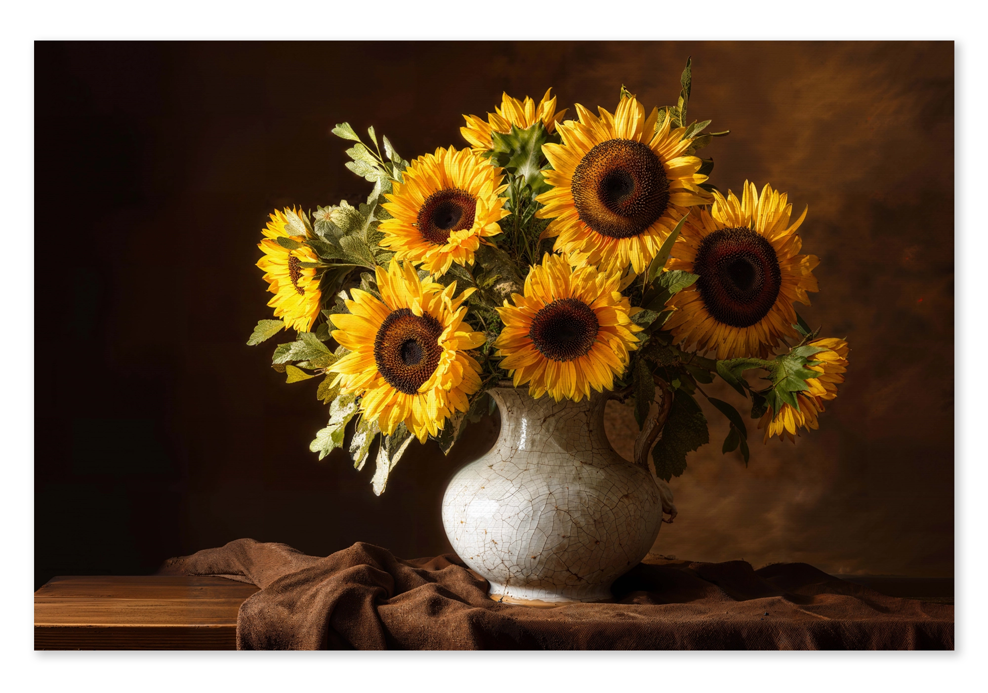 Zonnebloemen op canvas: gele zonnebloemen in een lichte vaas op een houten tafel tegen een warme, donkere achtergrond.