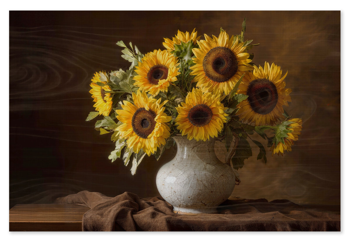 Zonnebloemen op hout: gele zonnebloemen in een lichte vaas op een houten tafel tegen een warme, donkere achtergrond.