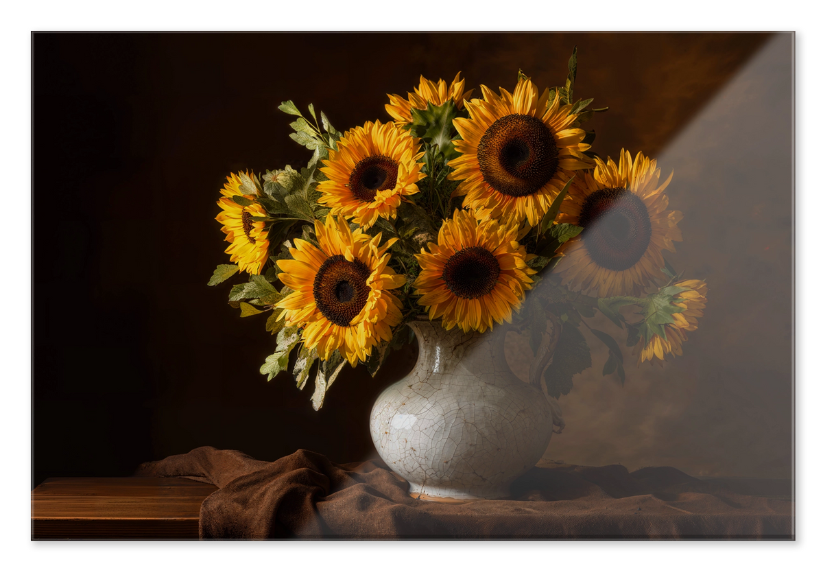 Zonnebloemen op plexiglas: gele zonnebloemen in een lichte vaas op een houten tafel tegen een warme, donkere achtergrond.