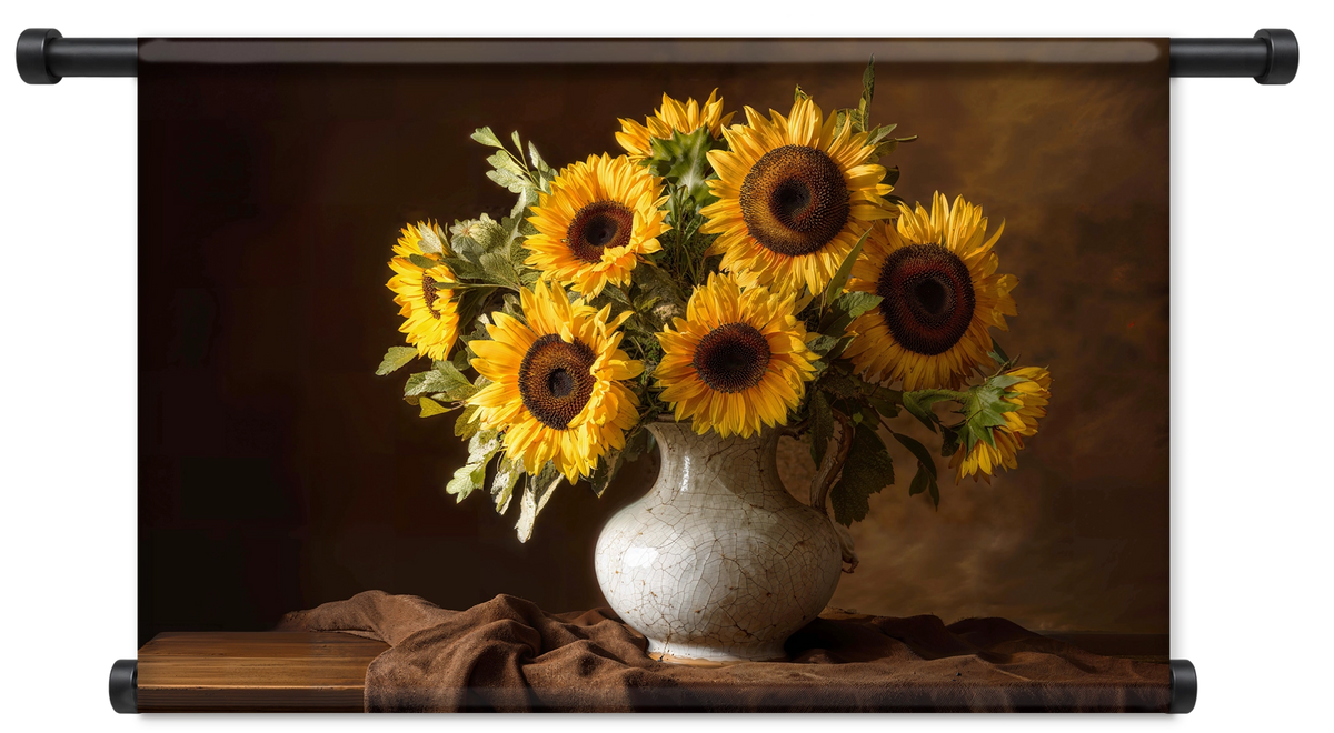 Wandkleed Zonnebloemen: zonnebloemen in een witte vaas op een houten tafel.