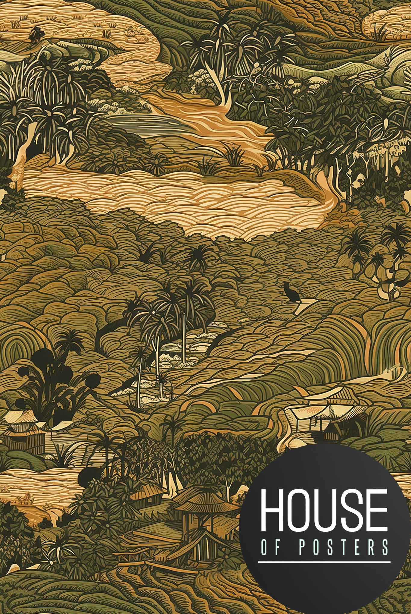 Wandkleed van een aziatisch landschap met rijstvelden en palmbomen