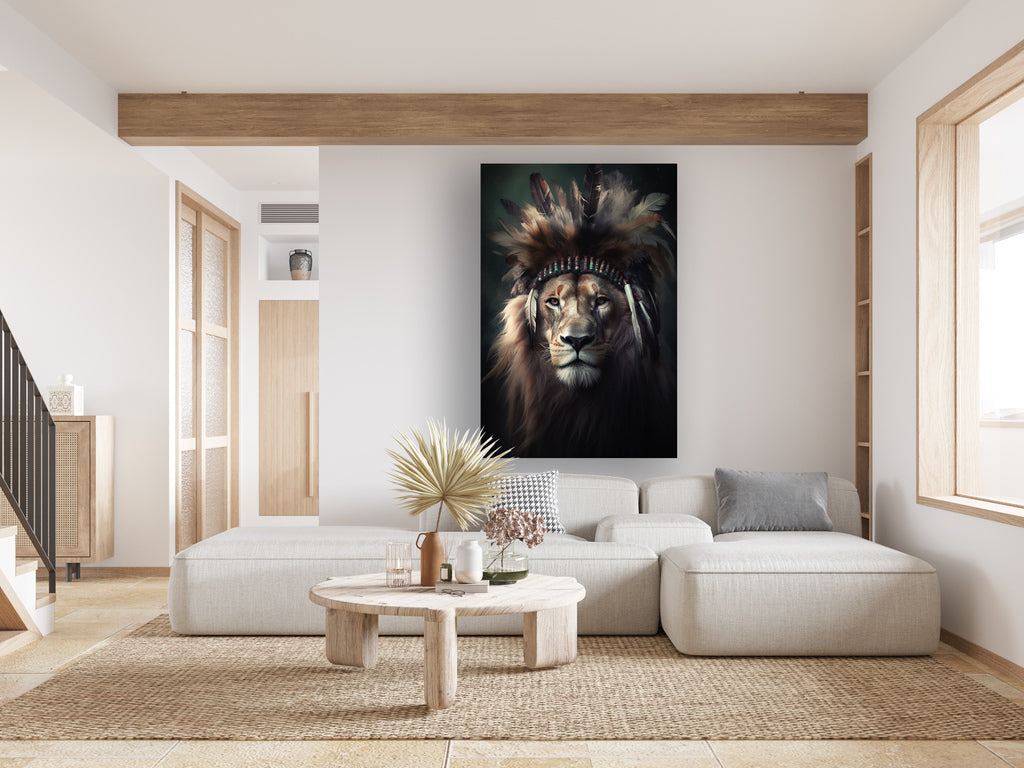 Stijlvolle wanddecoratie van een leeuw met een verentooi.