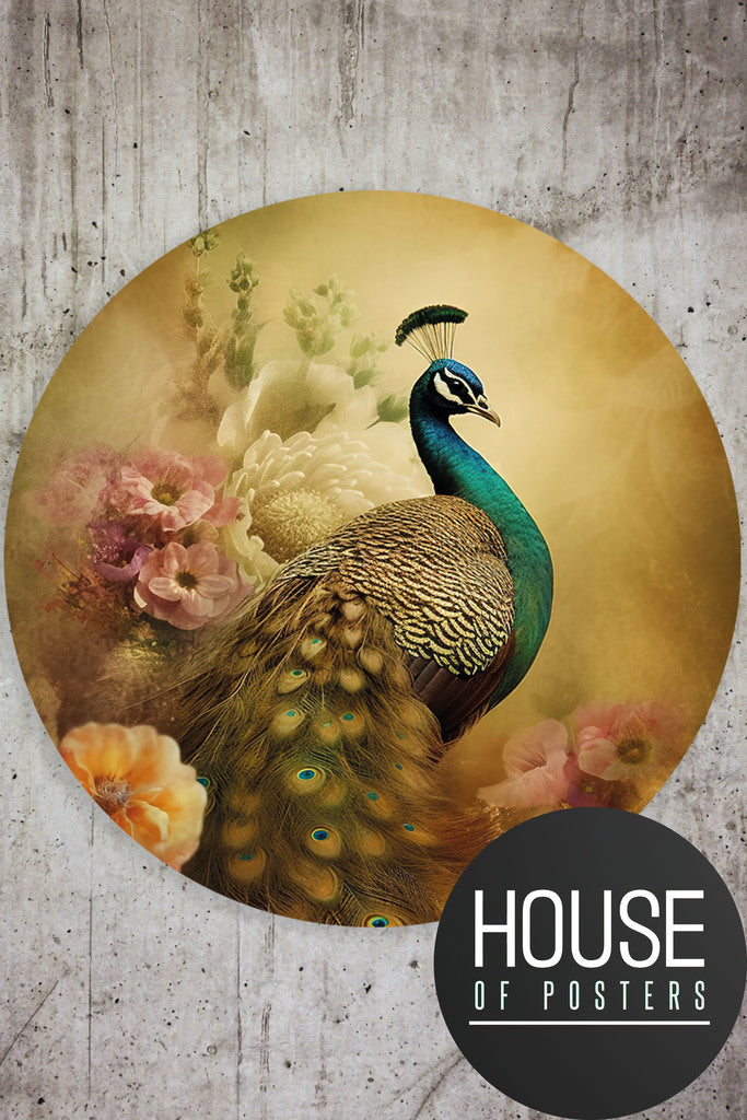 Ronde versie van de Peacock 10. Prachtige botanische poster van een pauw omgeven door bloemen. Poster in vintage stijl.