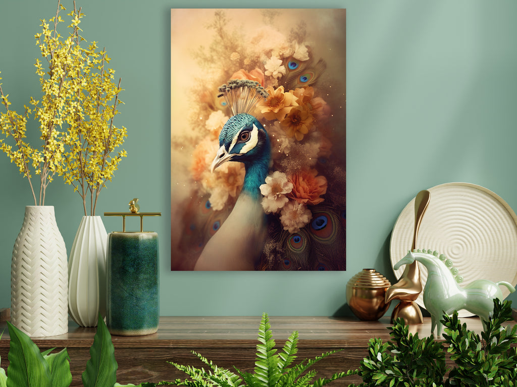 Botanische poster van een pauw omgeven door bloeme