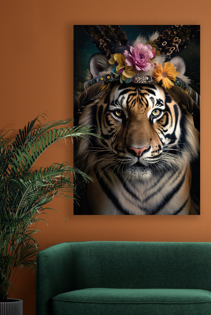 Botanische dieren wanddecoratie van een tijger met een tooi van bloemen en veren.